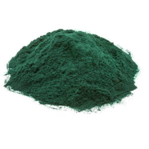 Pile of green powder on white background