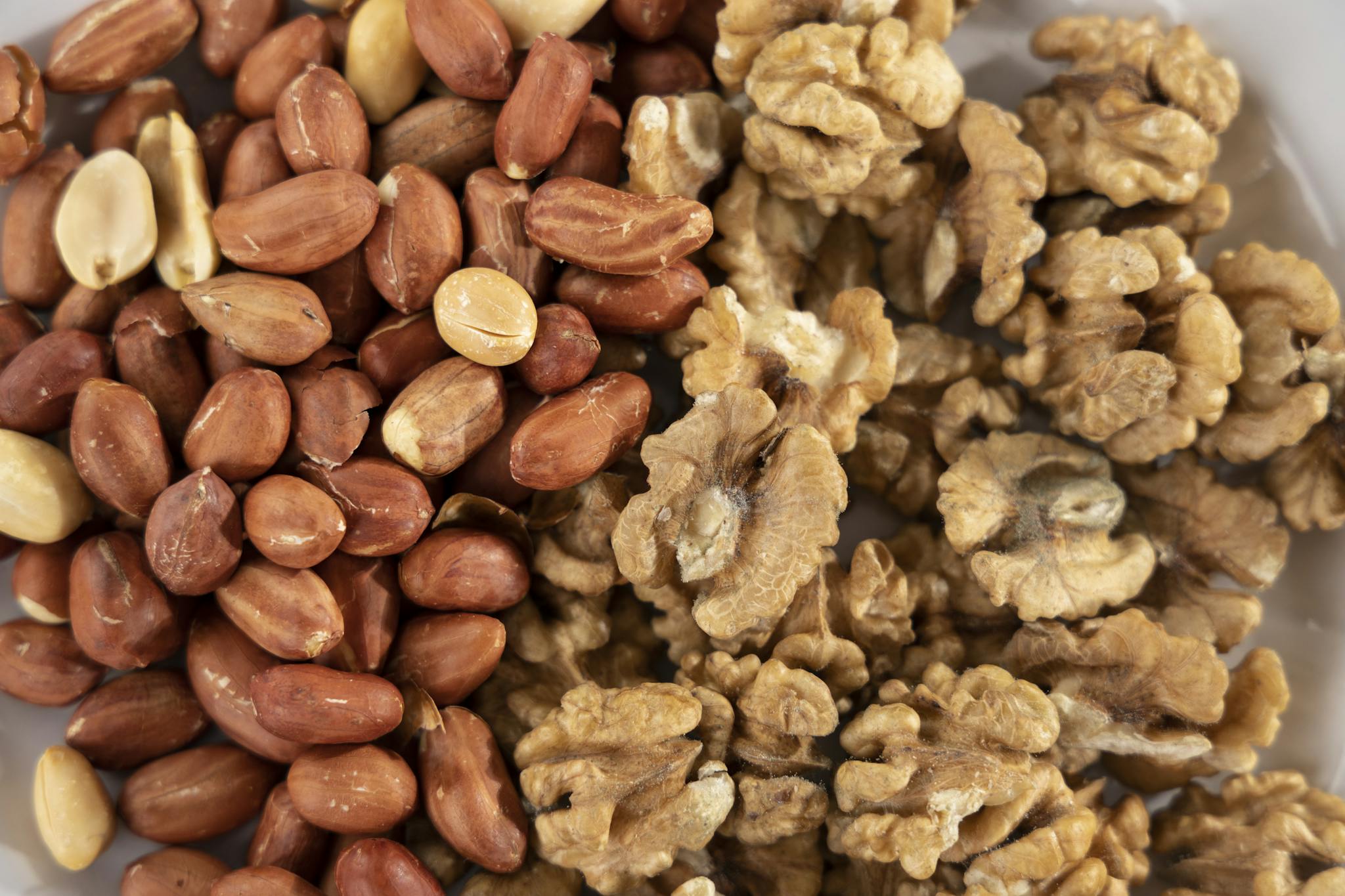 A detailed view of a healthy mix of raw peanuts and walnuts, highlighting texture and variety.